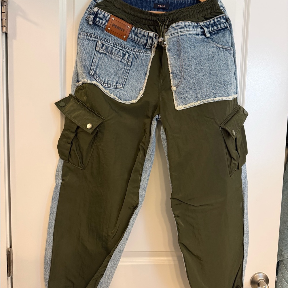 Two-Tone Olive Green & Light Wash Boyfriend Cargo Jeans